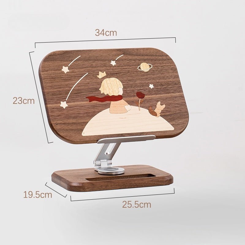 Black Walnut Tablet & Phone Stand with Little Prince Inlay – Adjustable Wooden Holder for Desk & Bedside - WOOD KONG