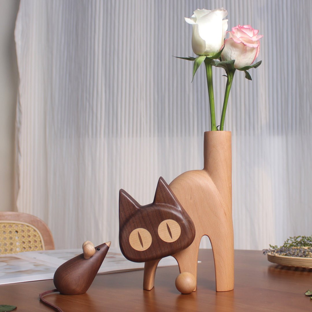 Rotatable Wooden Cat Vase: A Perfect Blend of Sculpture and Floral Elegance - WOOD KONG