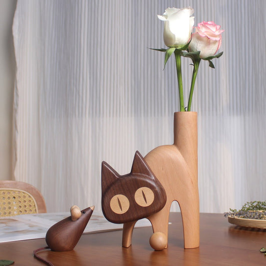 Rotatable Wooden Cat Vase: A Perfect Blend of Sculpture and Floral Elegance - WOOD KONG